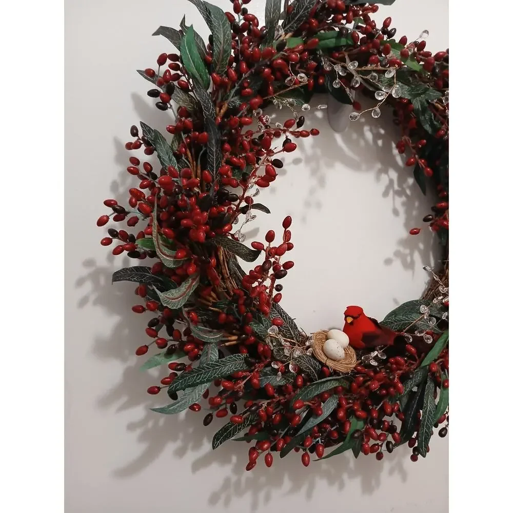 Winter Berries Door Wreath Realistic Red CARDINAL‎ Egg Nest Holiday Ice Crystals